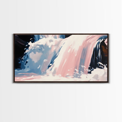 Wasserfallmotiv, Naturwandbild, Ruhige Landschaftskunst, Moderner minimalistischer Druck, Blau- und Rosatöne, Gerahmter Leinwanddruck, Wohnzimmerkunst