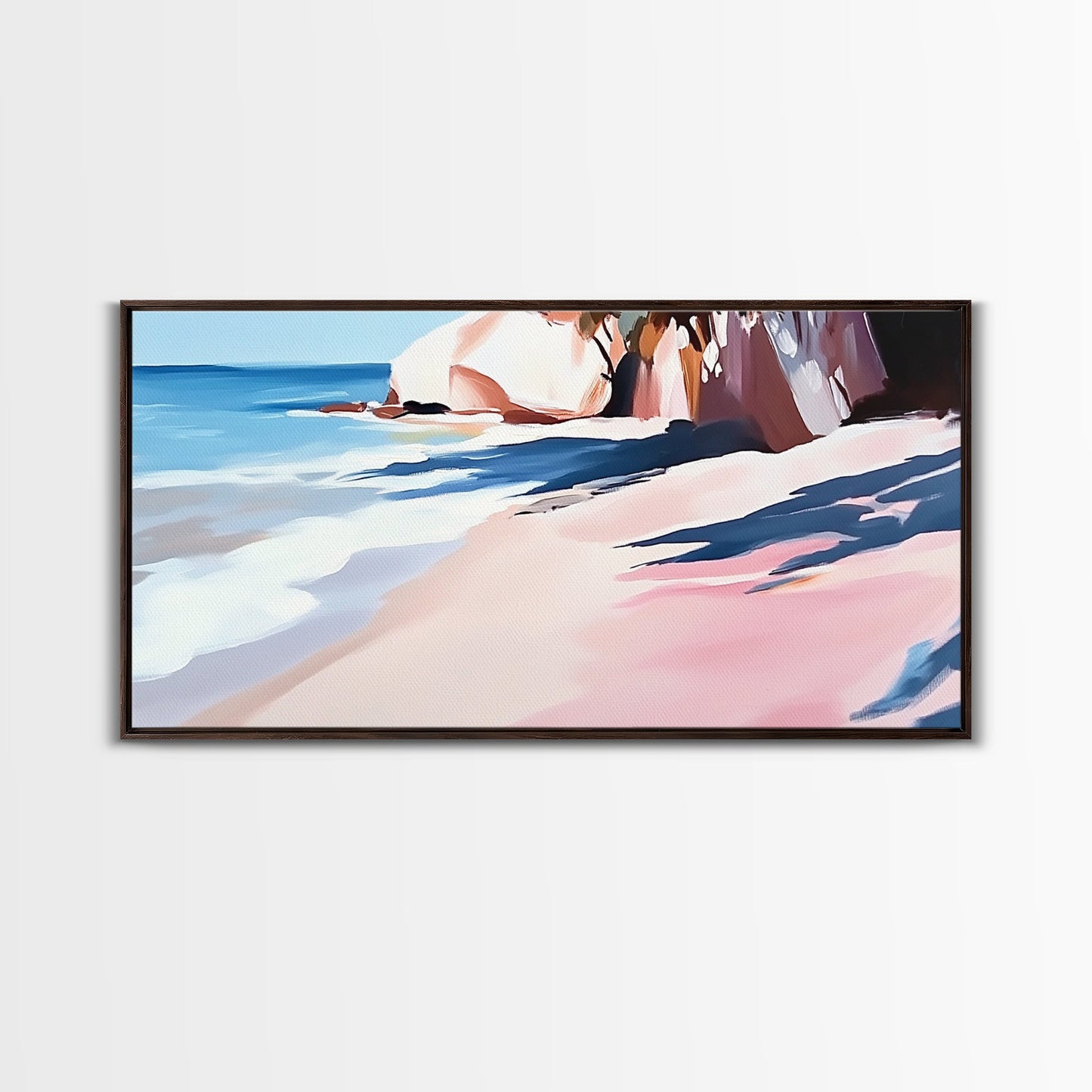 Meeresküste, Felsstrand, blaue Wellen, Leinwanddruck, moderne Küstenkunst, Strandhausdeko, Wandbild fürs Wohnzimmer, minimalistisches Meeresbild