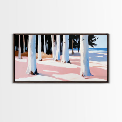 Wald am Ufer, Küstenbäume, Naturkunst, Leinwanddruck, Ruhige Wanddekoration, Wohnzimmerkunst, Strandhausgemälde, Minimalistische Kunst