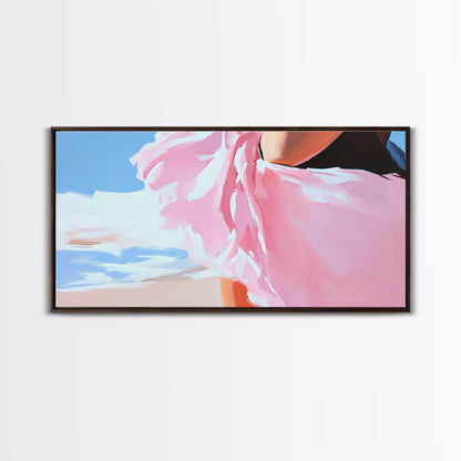 Fließendes Kleid, Strandwind, feminine Eleganz, modische Wandkunst, gerahmter Leinwanddruck, Meeresbrise, moderne Wohndekoration, zartrosa Ästhetik