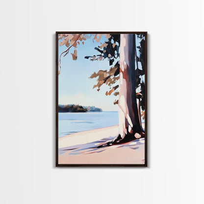 Lakeside Tree, Framed Canvas Print, Nature Wall Art, Serene Landscape, Beach House Decor, Tranquil Painting, Living Room Accent