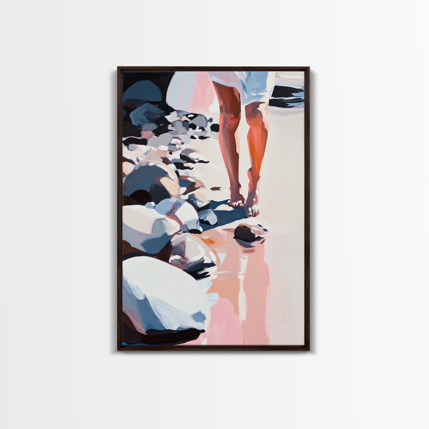 Walking on Rocks, Coastal Reflection, Beach Serenity, Soft Pastel Art, Framed Canvas Print, Nature Home Decor, Modern Wall Art