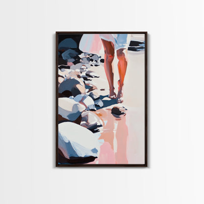 Walking on Rocks, Coastal Reflection, Beach Serenity, Soft Pastel Art, Framed Canvas Print, Nature Home Decor, Modern Wall Art