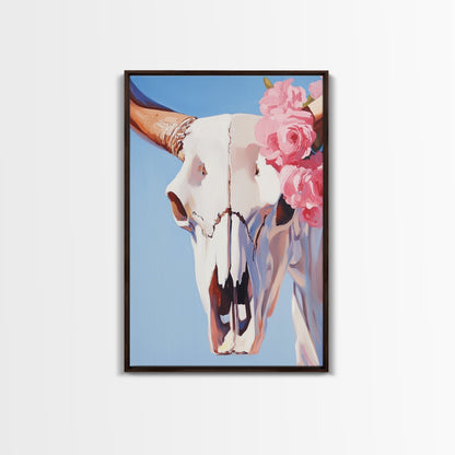 Longhorn Skull, Western Decor, Boho Wall Art, Rustic Home, Floral Art, Cowboy Aesthetic, Canvas Print, Bedroom Art, Southwestern Gift