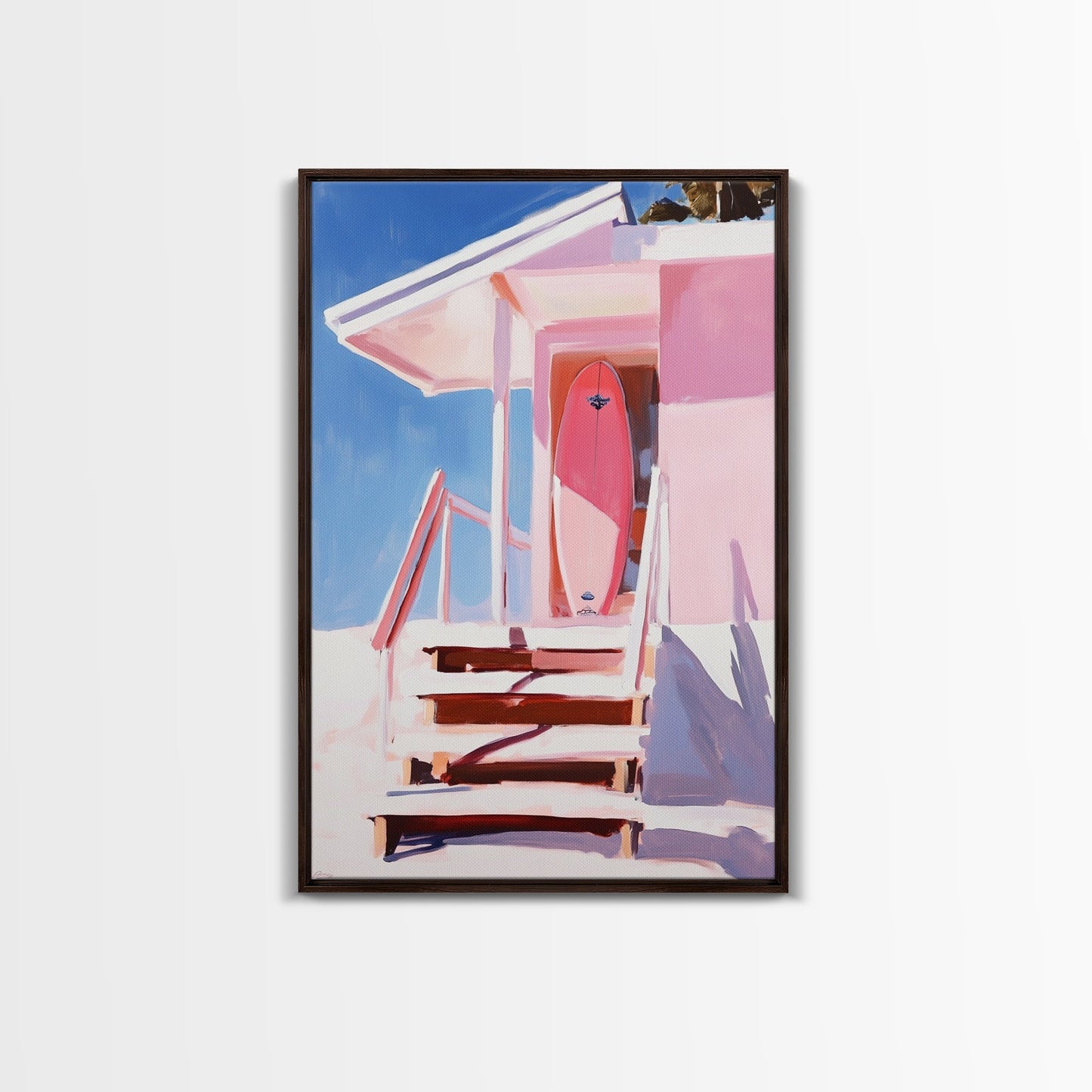 Surf Shack, Tropical Beach House Art, Framed Canvas Print, Pink Coastal Decor, Summer Vibes Wall Art, Relaxing Ocean Painting, Boho Chic