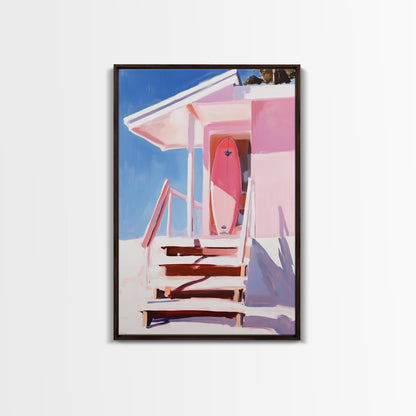 Surf Shack, Tropical Beach House Art, Framed Canvas Print, Pink Coastal Decor, Summer Vibes Wall Art, Relaxing Ocean Painting, Boho Chic