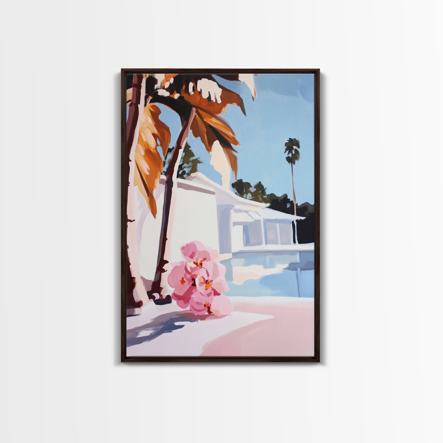 Tropical, Palm Trees, Poolside, Framed Canvas Print, Modern Beach House Art, Vibrant Wall Decor, Summer Vibes, Aesthetic Living Room Art
