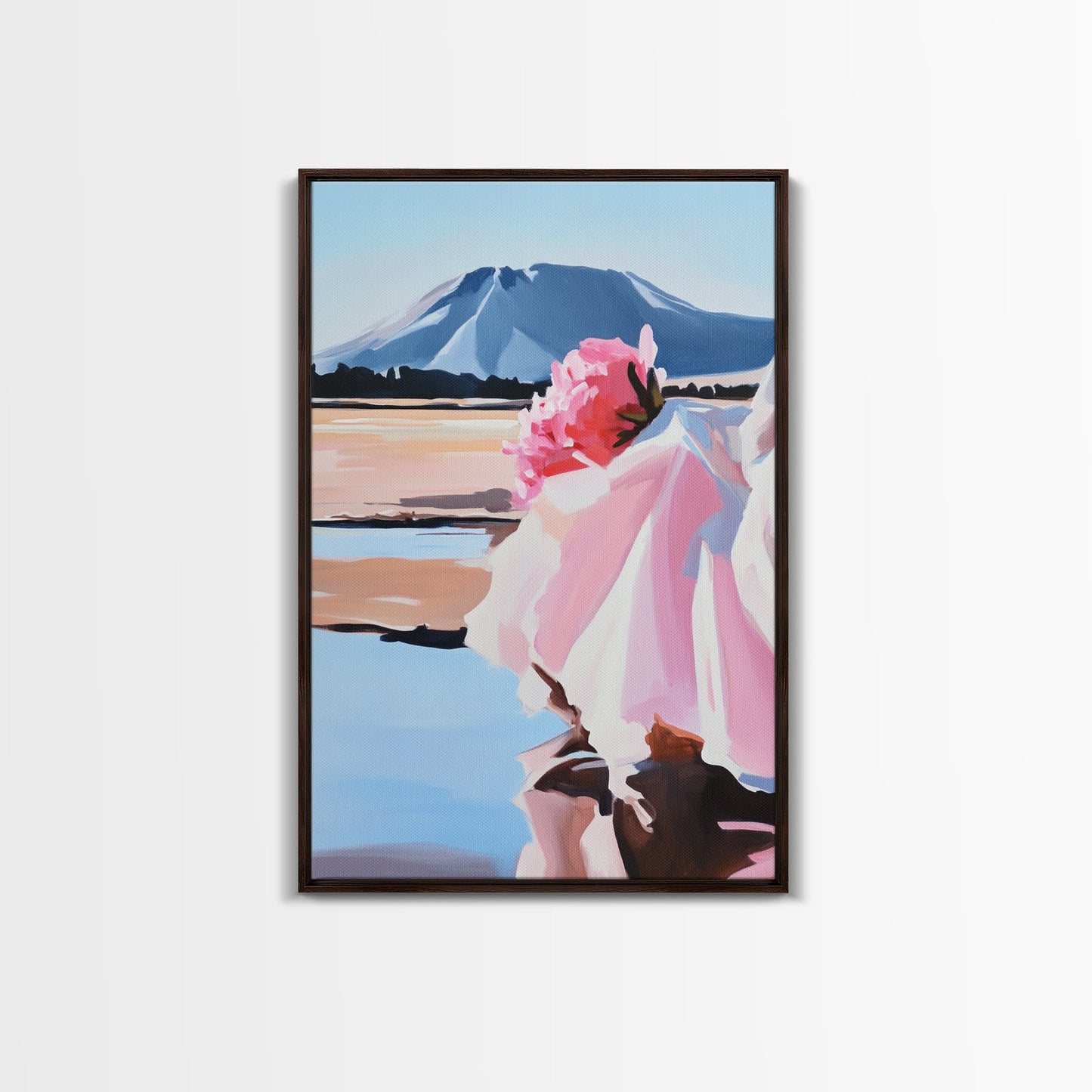 Floral, Pink Bouquet, Nature Art, Framed Canvas Print, Feminine Wall Decor, Boho Home Art, Blue Painting, Living Room Wall Art