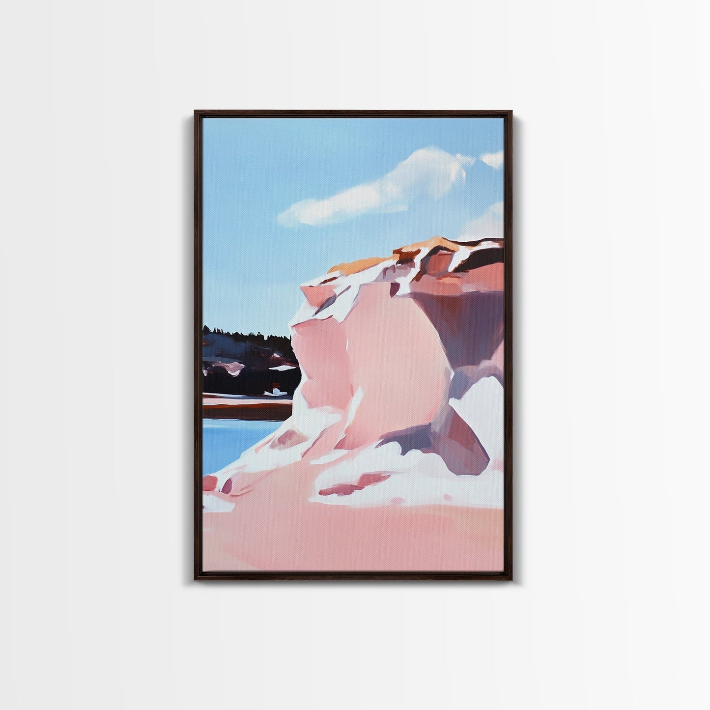 Pink Cliffs, Coastal Beauty, Ocean Landscape, Soft Pastel Art, Nature Inspired, Tranquil Scenery, Boho Wall Art, Framed Canvas Print