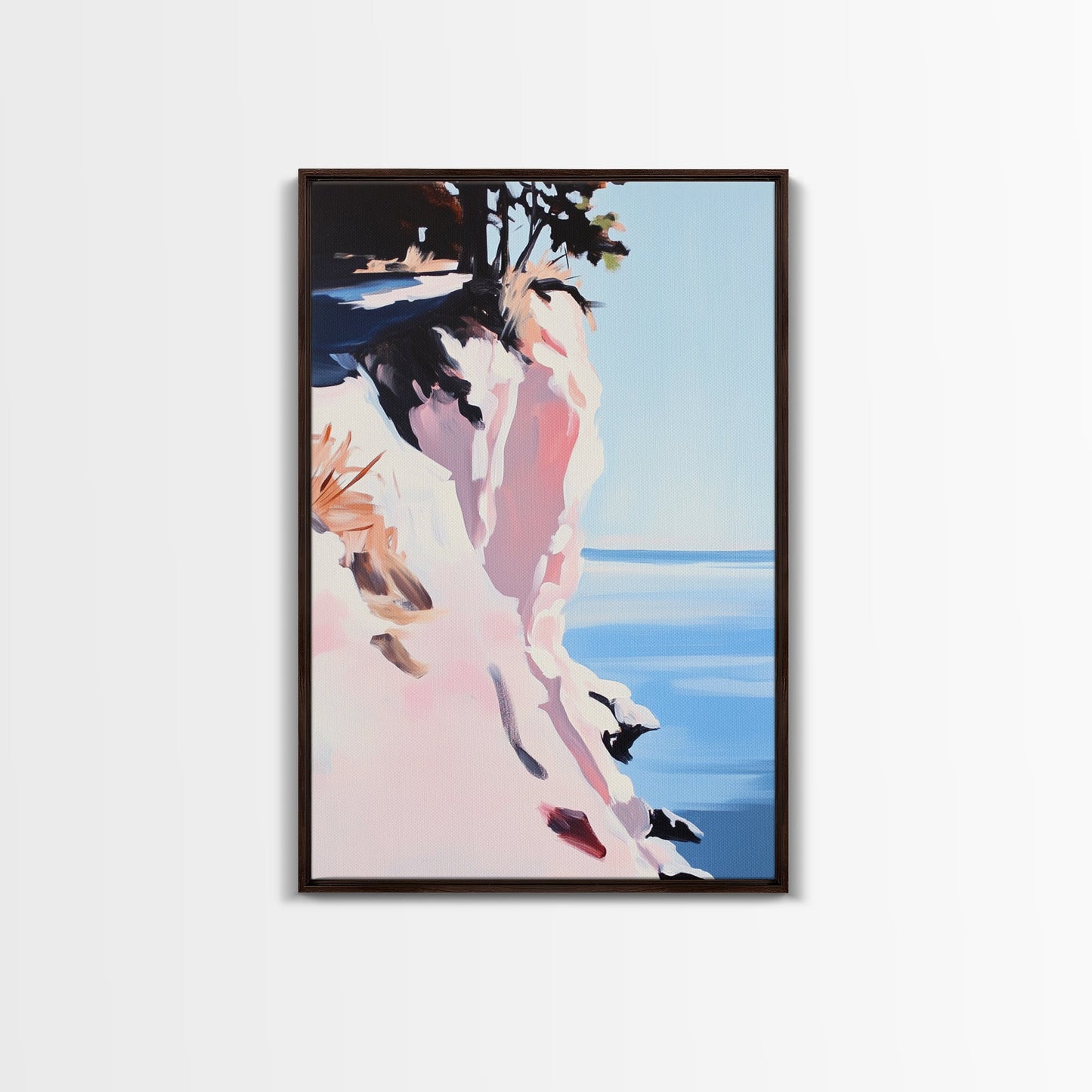 Cliffs and Water, Nature Wall Art, Minimalist Landscape, Coastal Home Decor, Blue and Pink Art, Framed Canvas Print, Office Wall Decor