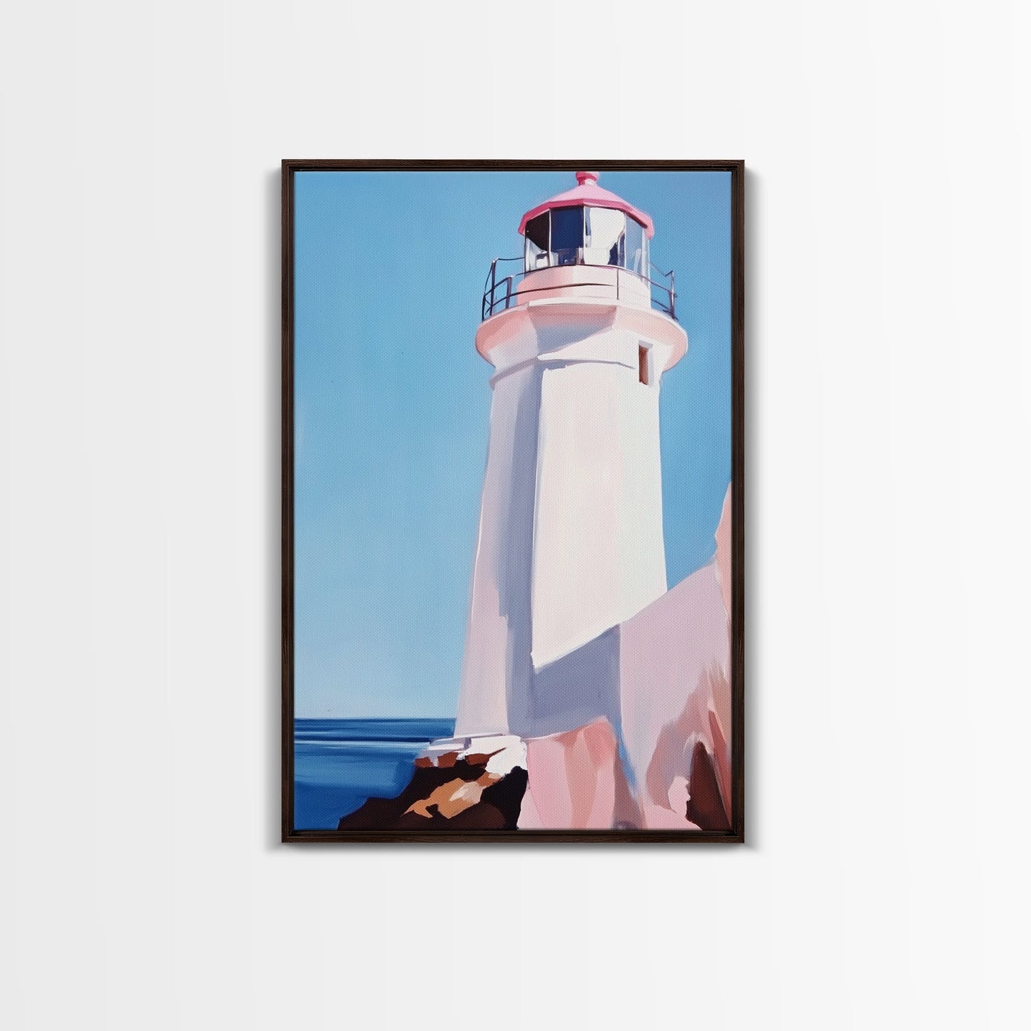 Lighthouse View, Nautical Wall Art, Beach House Decor, Ocean Scene Painting, Coastal Style, Framed Canvas Print, Bathroom Wall Art