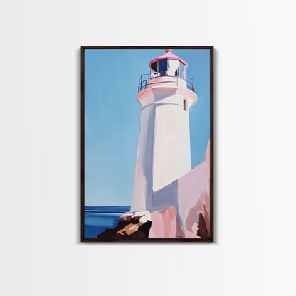 Lighthouse View, Nautical Wall Art, Beach House Decor, Ocean Scene Painting, Coastal Style, Framed Canvas Print, Bathroom Wall Art