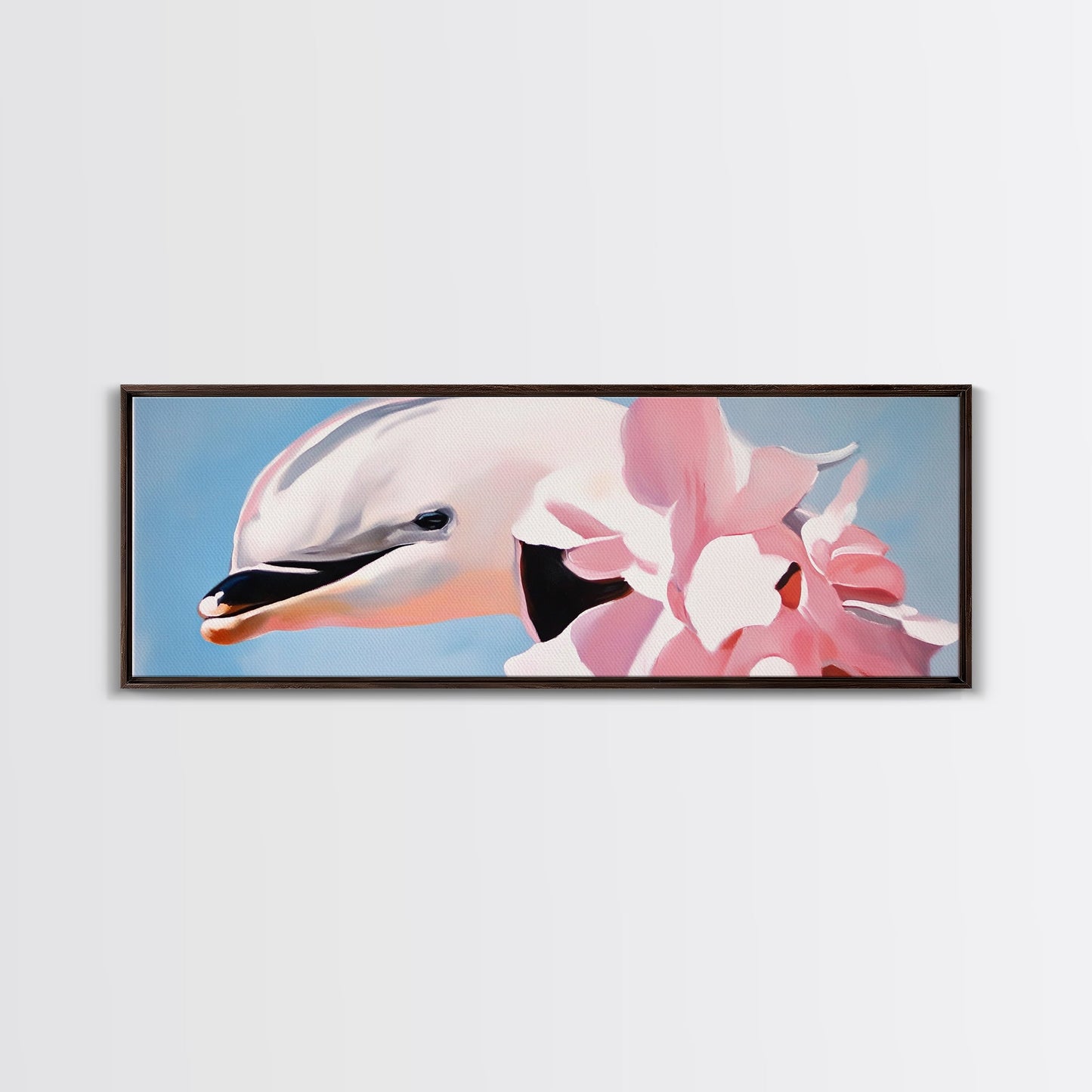Dolphin, Pink Flowers, Canvas Print, Ocean Art, Whimsical Artwork, Coastal Wall Art, Sea Life Decor, Modern Aesthetic, Nature Lover Gift