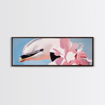 Dolphin, Pink Flowers, Canvas Print, Ocean Art, Whimsical Artwork, Coastal Wall Art, Sea Life Decor, Modern Aesthetic, Nature Lover Gift