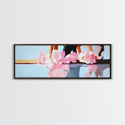 Floral Reflections, Pink Blossoms, Water Mirror, Framed Canvas Print, Feminine Wall Art, Elegant Bedroom Decor, Pastel Aesthetic