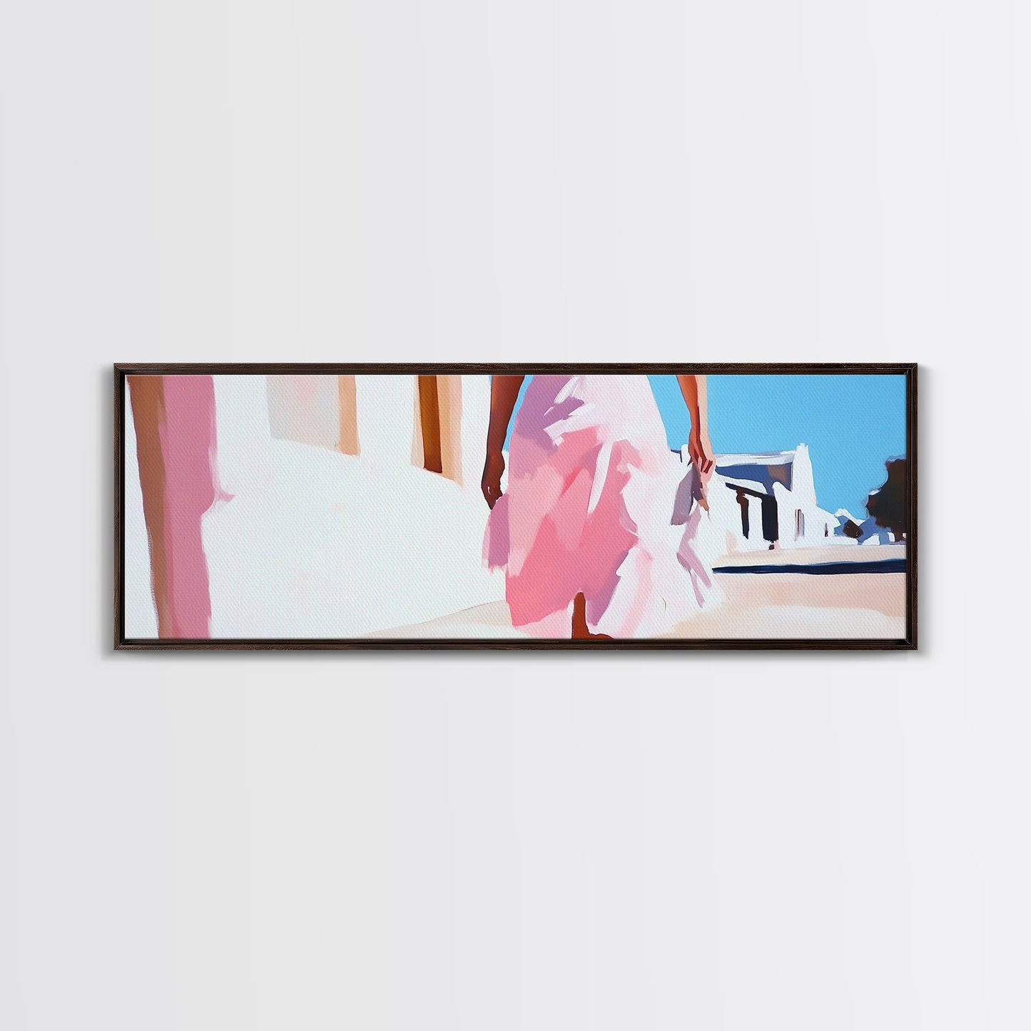 Pink Dress, Elegant Stroll, Romantic Scene, Framed Canvas Print, Modern Wall Art, Feminine Decor, Stylish Living Room Artwork