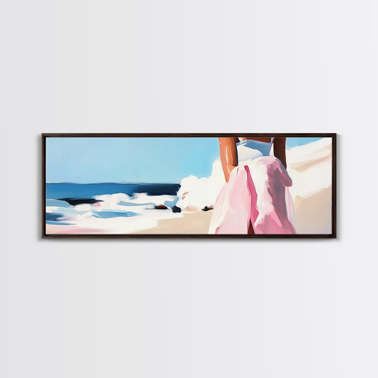 Ocean Waves, Pink Skirt, Windy Shoreline, Framed Canvas Print, Coastal Wall Art, Beach Home Decor, Minimalist Aesthetic, Ocean Scene