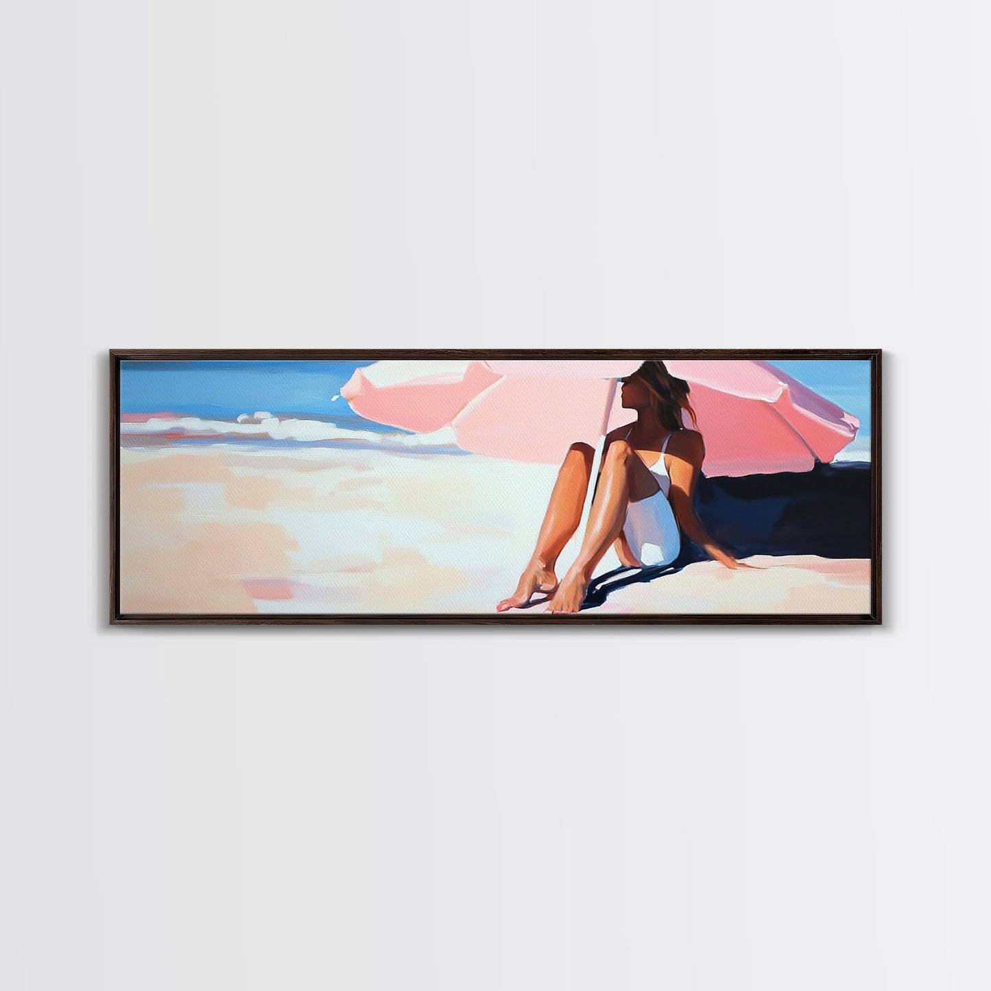 Woman Under Umbrella, Beach Relaxation, Summer Scene, Framed Canvas Print, Minimalist Boho Art, Seaside Wall Decor, Nautical Artwork