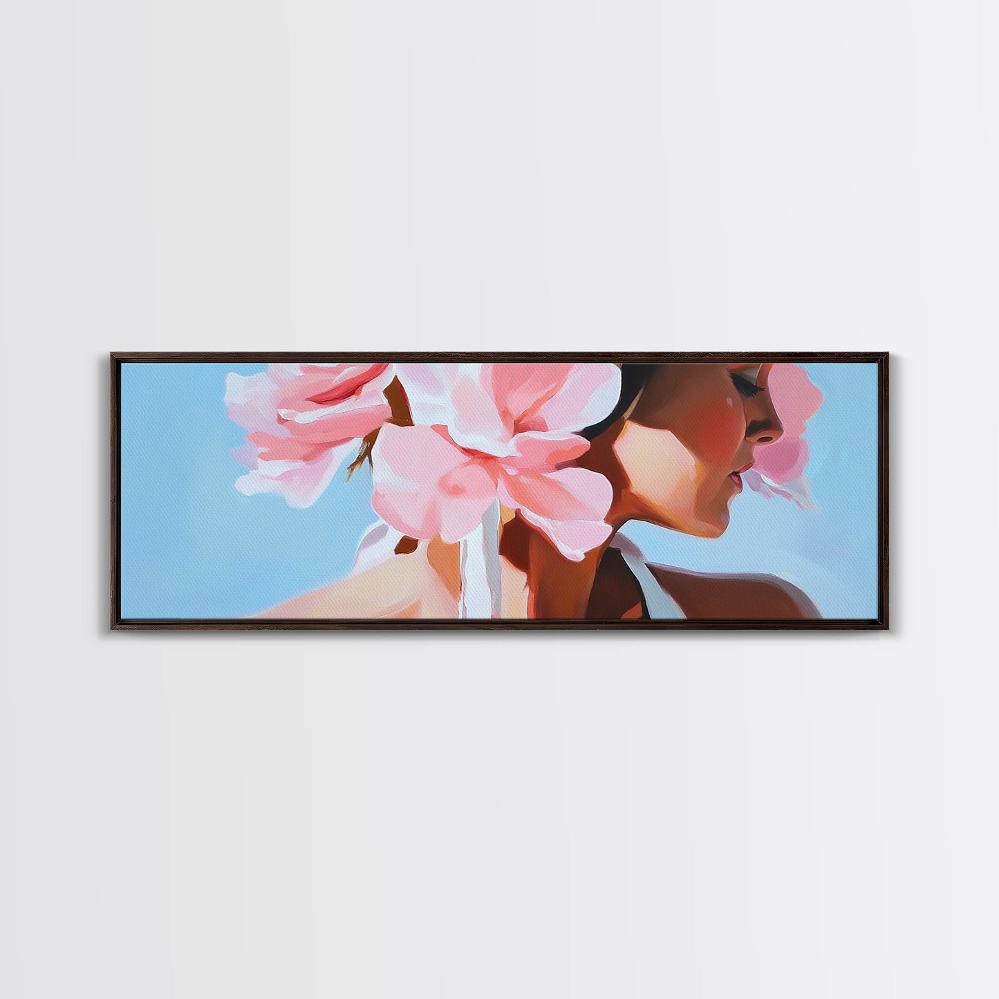 Floral Woman, Feminine Beauty, Elegant Portrait, Boho Canvas Print, Bedroom Wall Art, Modern Aesthetic, Pastel Pink Home Decor