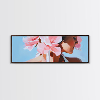 Floral Woman, Feminine Beauty, Elegant Portrait, Boho Canvas Print, Bedroom Wall Art, Modern Aesthetic, Pastel Pink Home Decor