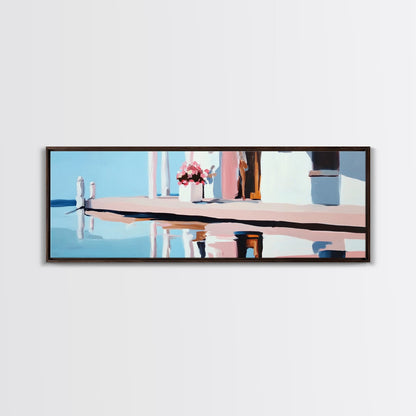 Poolside Reflection, Elegant Patio, Coastal Artwork, Framed Canvas Print, Summer Aesthetic, Modern Living Room Decor, Soft Blues