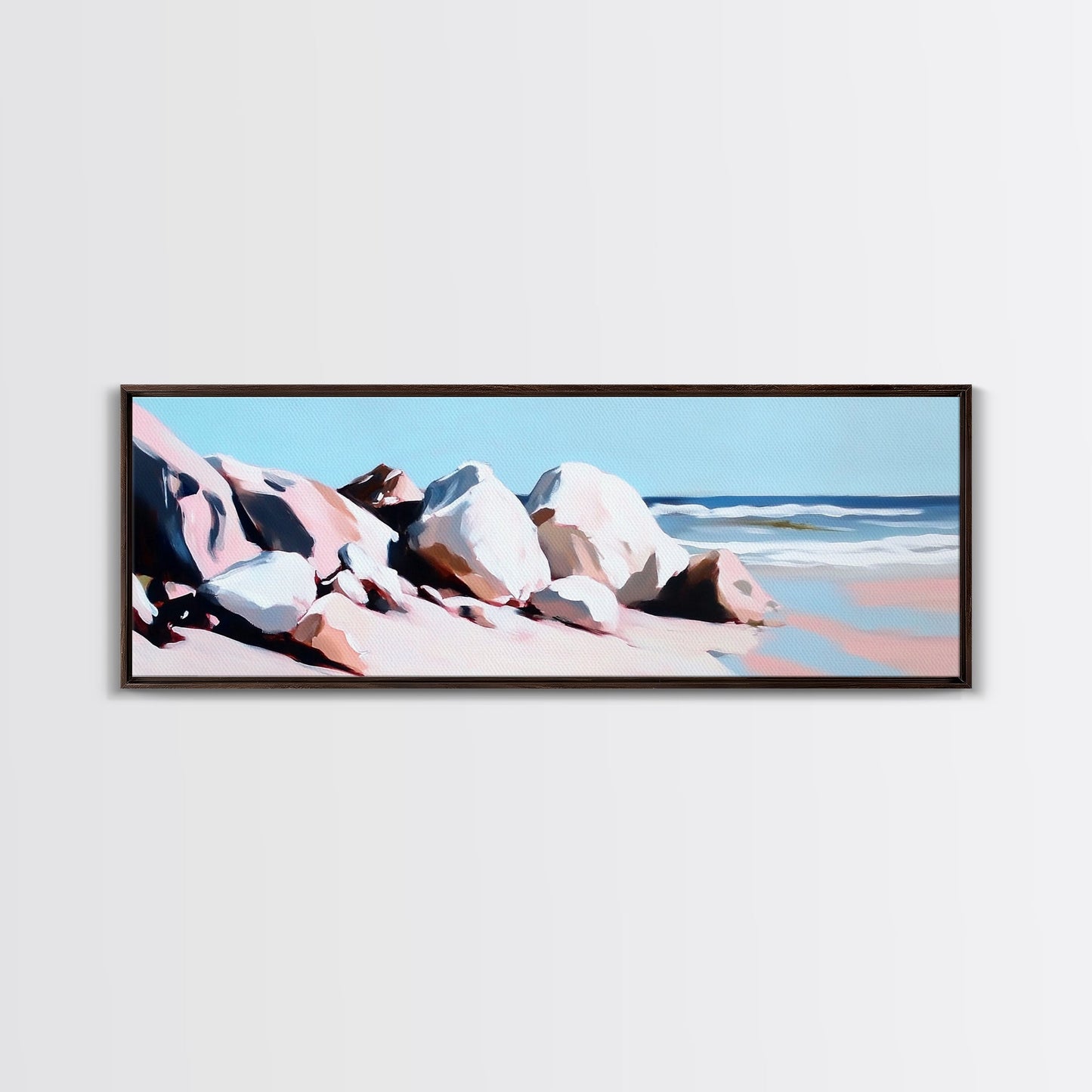 Ocean Rockscape, Tranquil Shoreline, Serene Nature Print, Coastal Art, Neutral Tones, Living Room Wall Decor, Framed Canvas Print