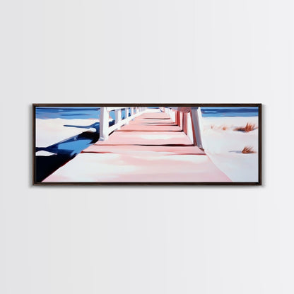 Pink Pier, Beach Walkway, Ocean View, Framed Canvas Print, Coastal Wall Art, Nautical Home Decor, Minimalist Seascape Painting