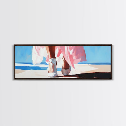 Walking on Beach, Pink Skirt, Ocean Waves, Coastal Feminine Art, Elegant Wall Decor, Canvas Print, Bedroom Wall Art, Summer Aesthetic