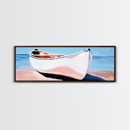 Weißes Kanu, Küstenwandbild, maritime Ästhetik, gerahmter Leinwanddruck, minimalistisches Bootsbild, maritime Kunst für Strandhäuser, Meeresdeko