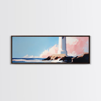 Leuchtturm, Küstenmotiv, Maritime Dekoration, Meerblick, Gerahmter Leinwanddruck, Strandhauskunst, Minimalistische Kunst, Schlafzimmer-Wandkunst