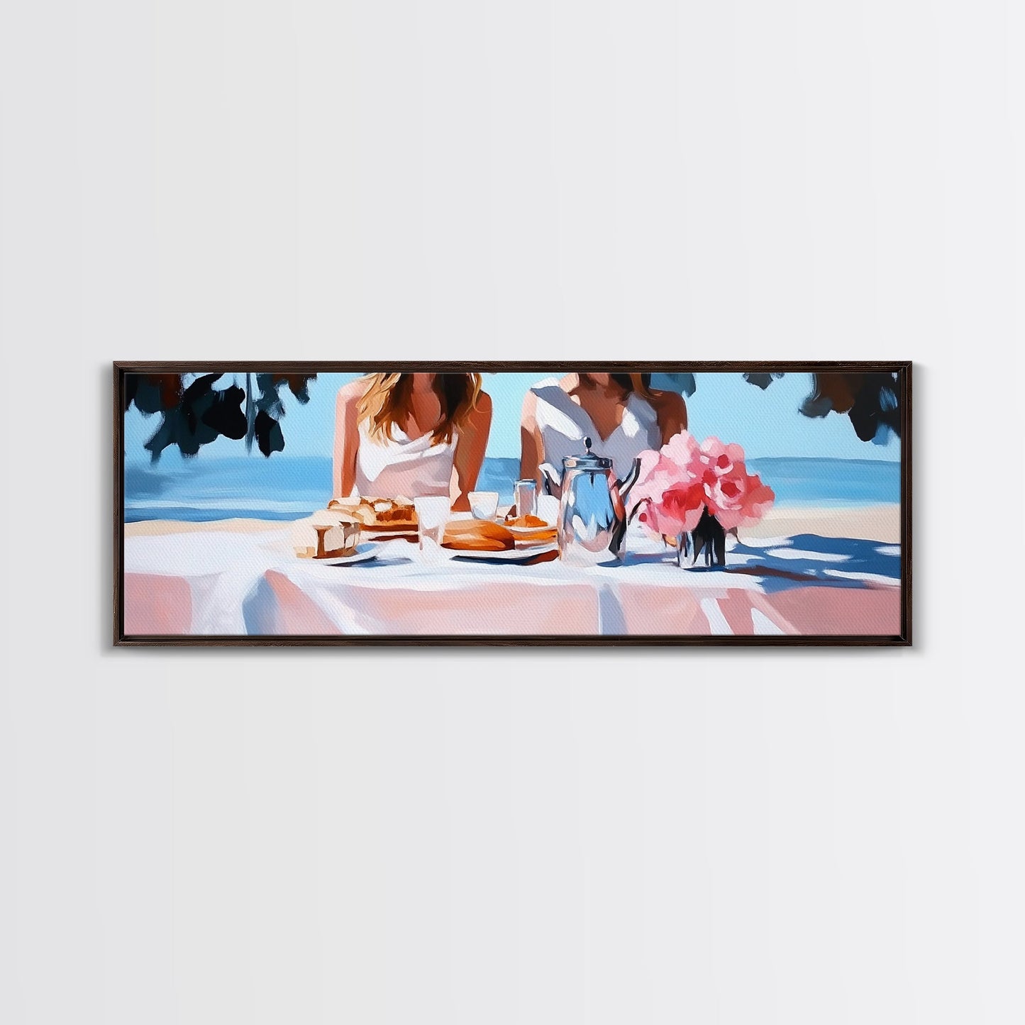 Ocean Picnic, Coastal Dining, Elegant Beach Scene, Pastel Seascape, Canvas Print, Living Room Art, Modern Nautical, Kitchen Wall Art