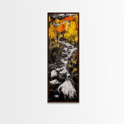 Autumn Forest, Golden Trees, River Path, Framed Canvas Print, Fall Landscape Art, Rustic Wall Decor, Cabin Art, Living Room Wall Art