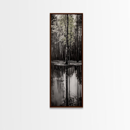 Reflective Trees, Monochrome Forest Painting, Minimalist Nature Art, Framed Canvas Print, Black and White Wall Art, Dining Room Decor