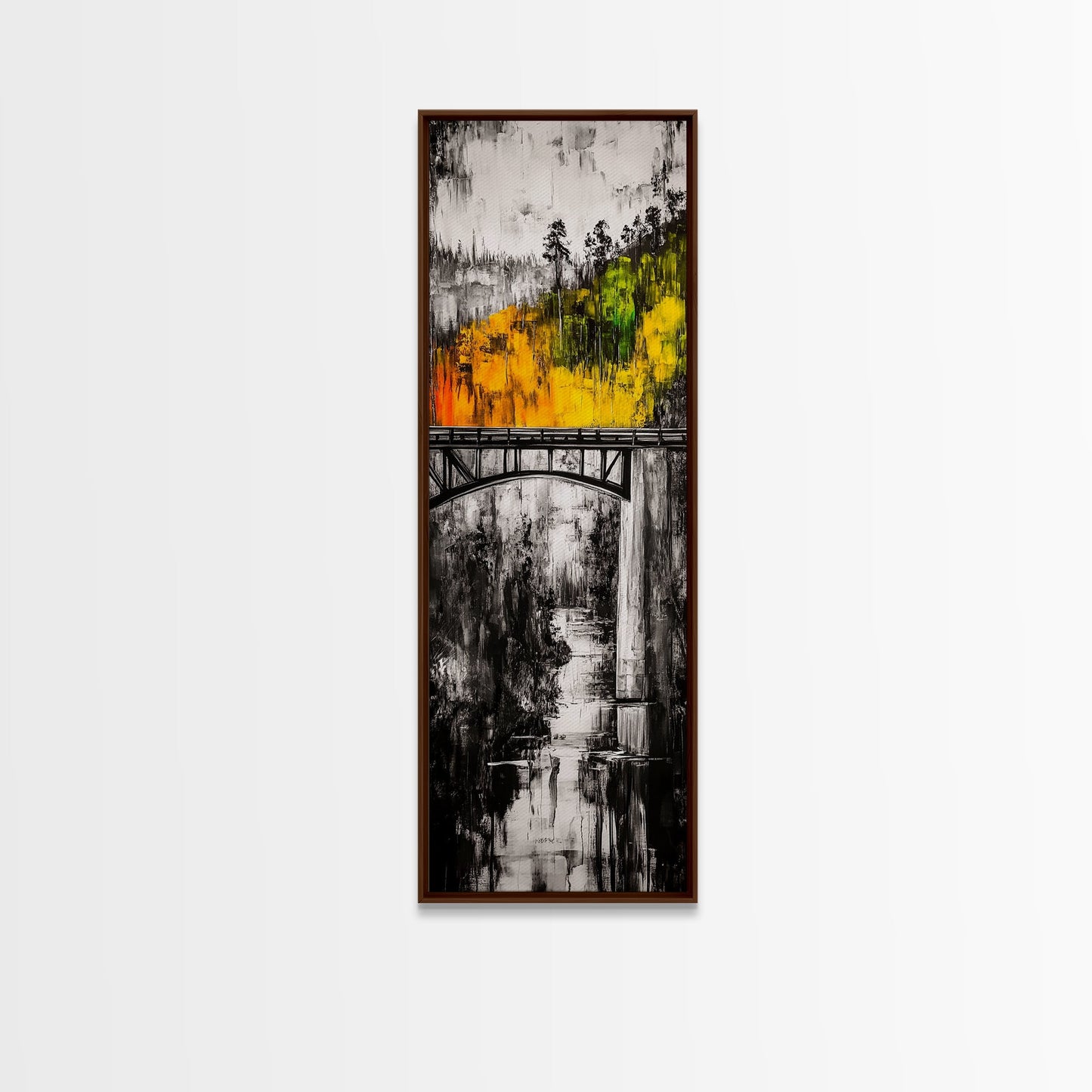 Forest Bridge, Fall Foliage, Rustic Nature Art, Woodland Pathway, Scenic Travel Decor, Living Room Wall Art, Framed Canvas Print