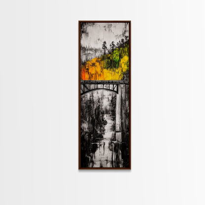 Forest Bridge, Fall Foliage, Rustic Nature Art, Woodland Pathway, Scenic Travel Decor, Living Room Wall Art, Framed Canvas Print