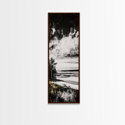 Coastal Serenity, Black White Landscape, Ocean Horizon Art, Minimalist Beach Scene, Modern Home Decor, Framed Canvas Print