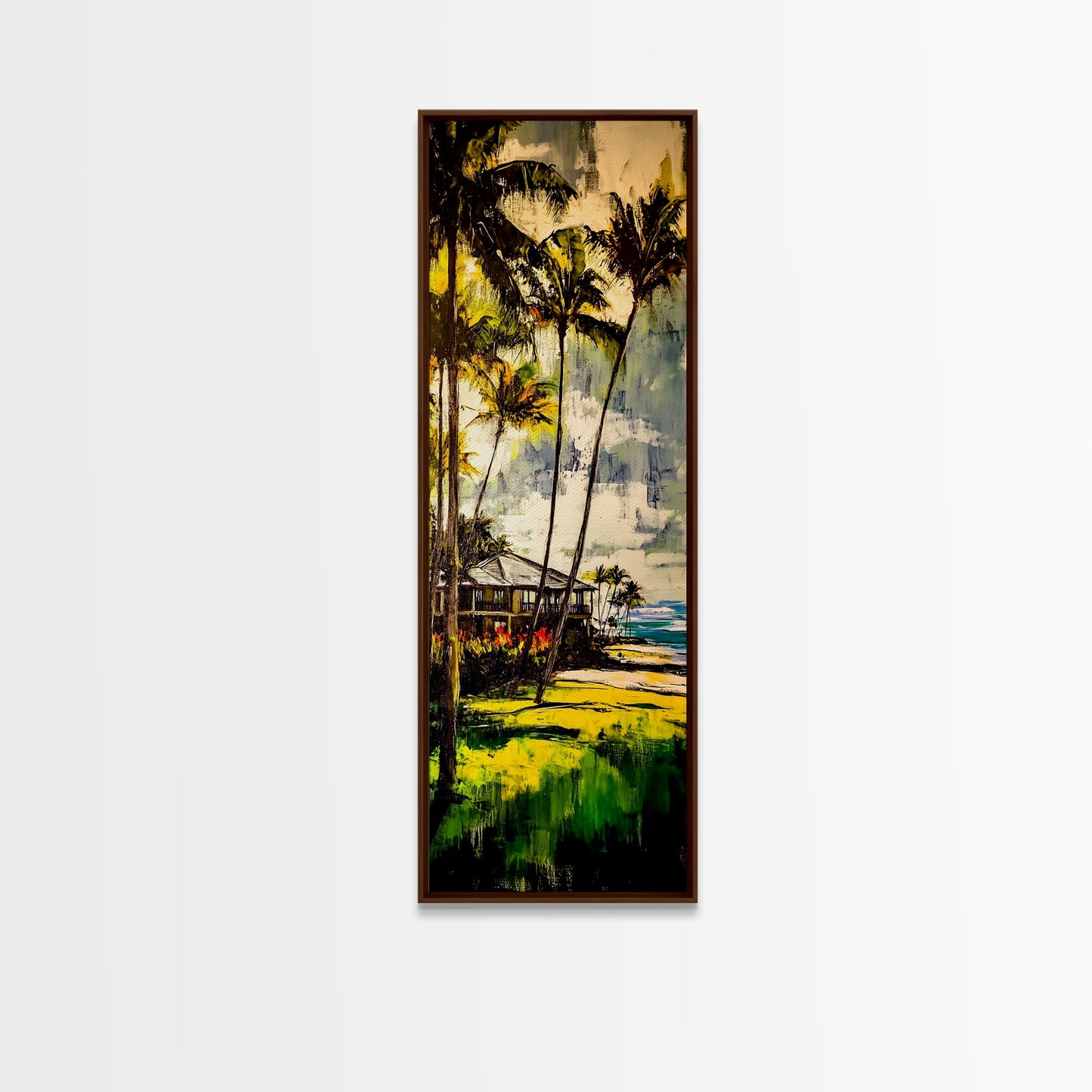 Tropical Landscape Painting, Palm Tree Art, Beach House Wall Decor, Coastal Summer Art, Vibrant Green and Yellow Art, Framed Canvas Print