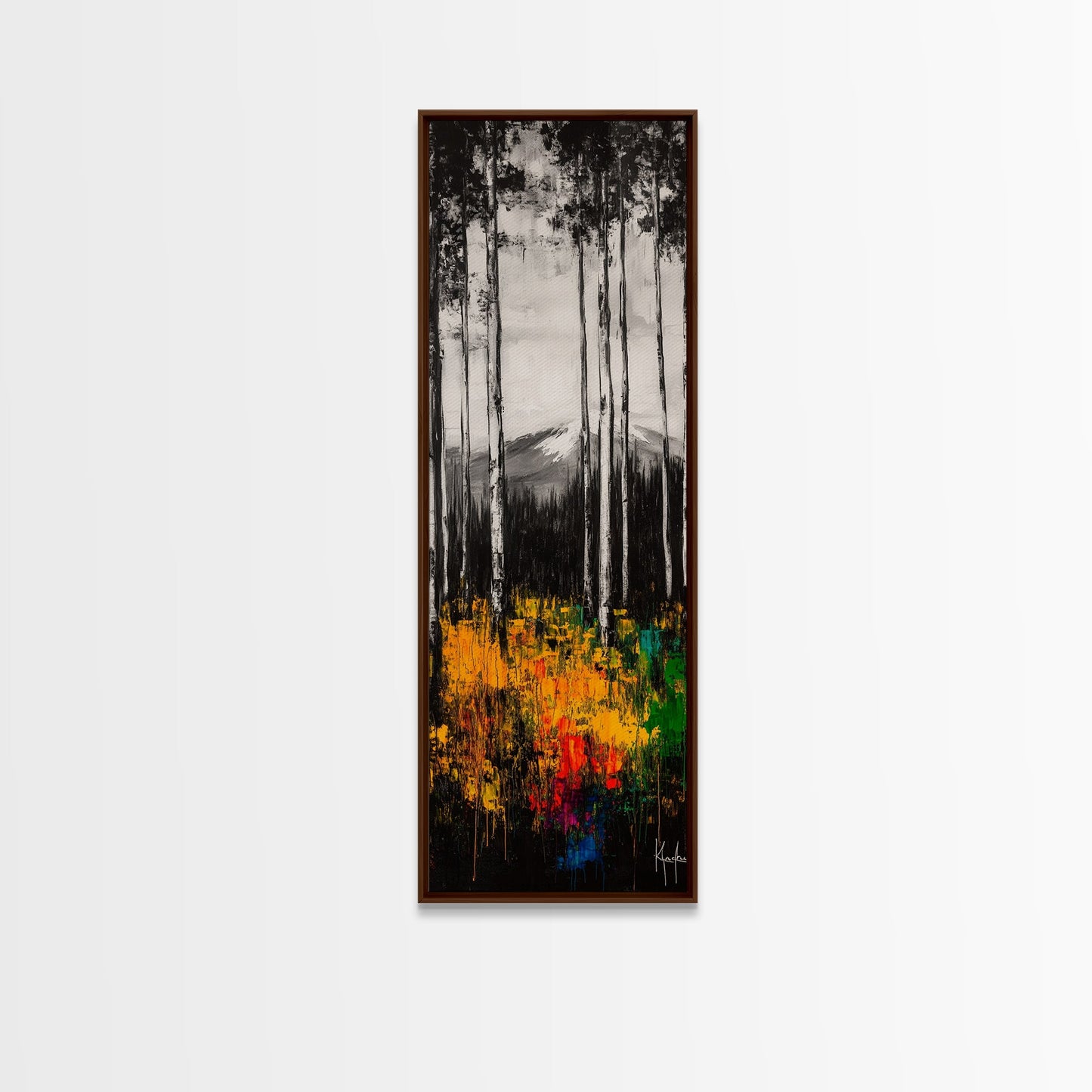 Birch Forest Painting, Mountain Wall Art, Black and White Landscape, Nature Artwork, Cabin Decor, Fall Art, Framed Canvas Print