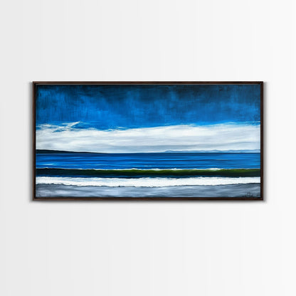 Blue Horizon, Minimalist Seascape Art, Framed Canvas Print, Ocean Wall Decor, Contemporary Coastal Painting, Modern Living Room Art