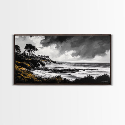 Stormy Coast, Dramatic Sky, Black and White Seascape, Framed Canvas Print, Coastal Wall Art, Large Landscape, Entryway Decor, Moody Art