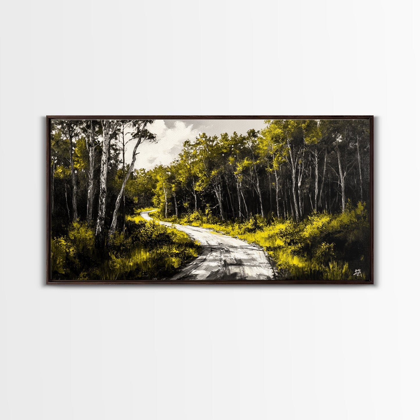 Forest Road, Scenic Nature Path, Rustic Landscape Painting, Greenery Wall Art, Country Home Decor, Framed Canvas Print, Office Artwork