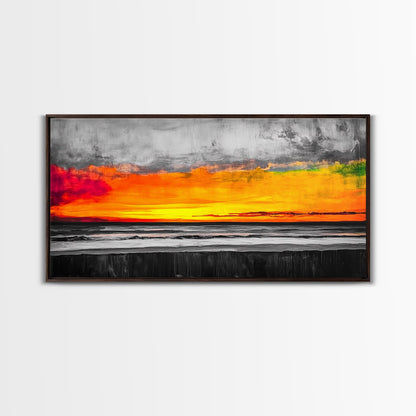 Coastal Sunset, Ocean Horizon, Bold Colors, Black and White Contrast, Modern Abstract, Warm Tones, Large Wall Art, Framed Canvas Print ?