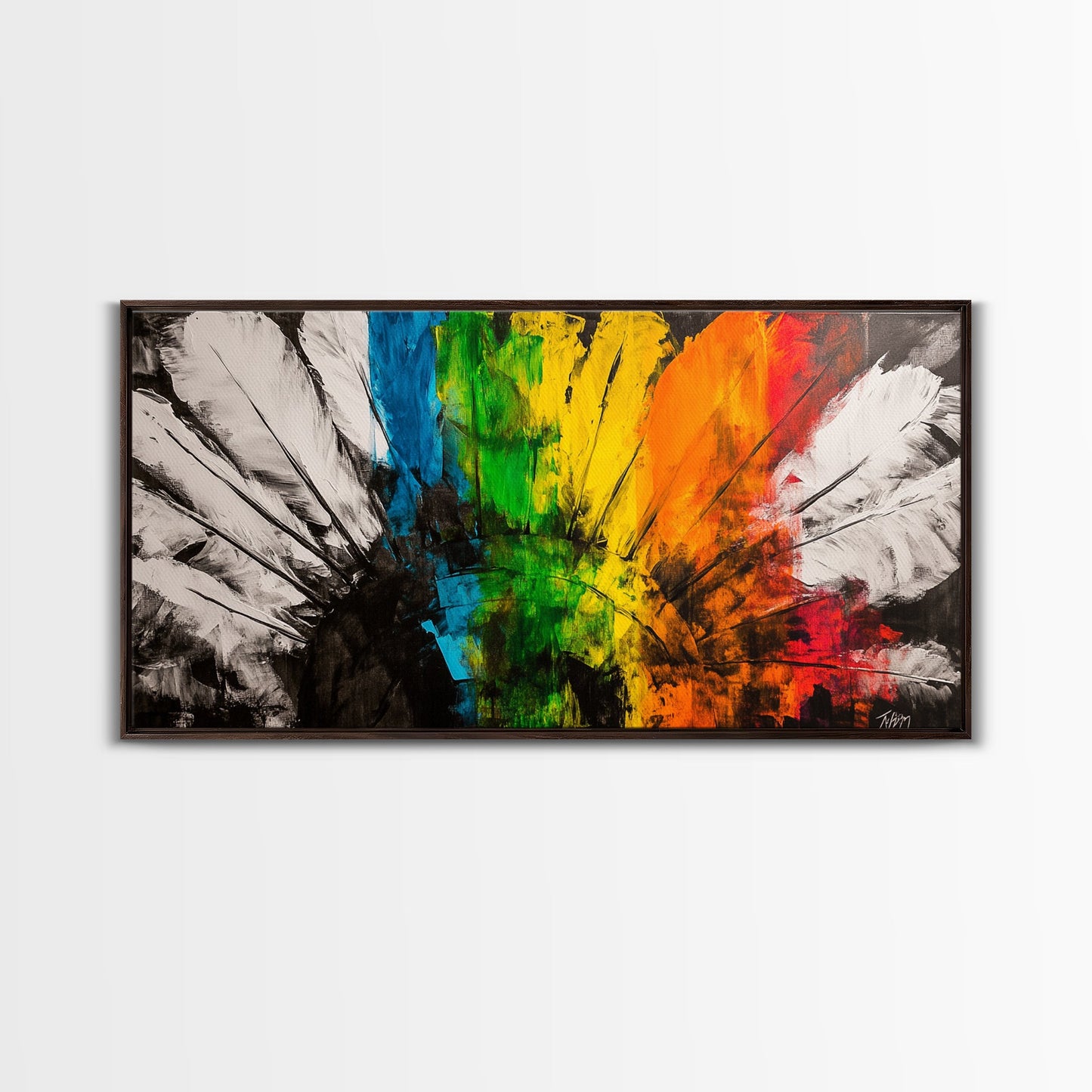Rainbow Feathers, Colorful Abstract Art, Boho Wall Decor, Native American Inspired, Framed Canvas Print, Large Wall Art