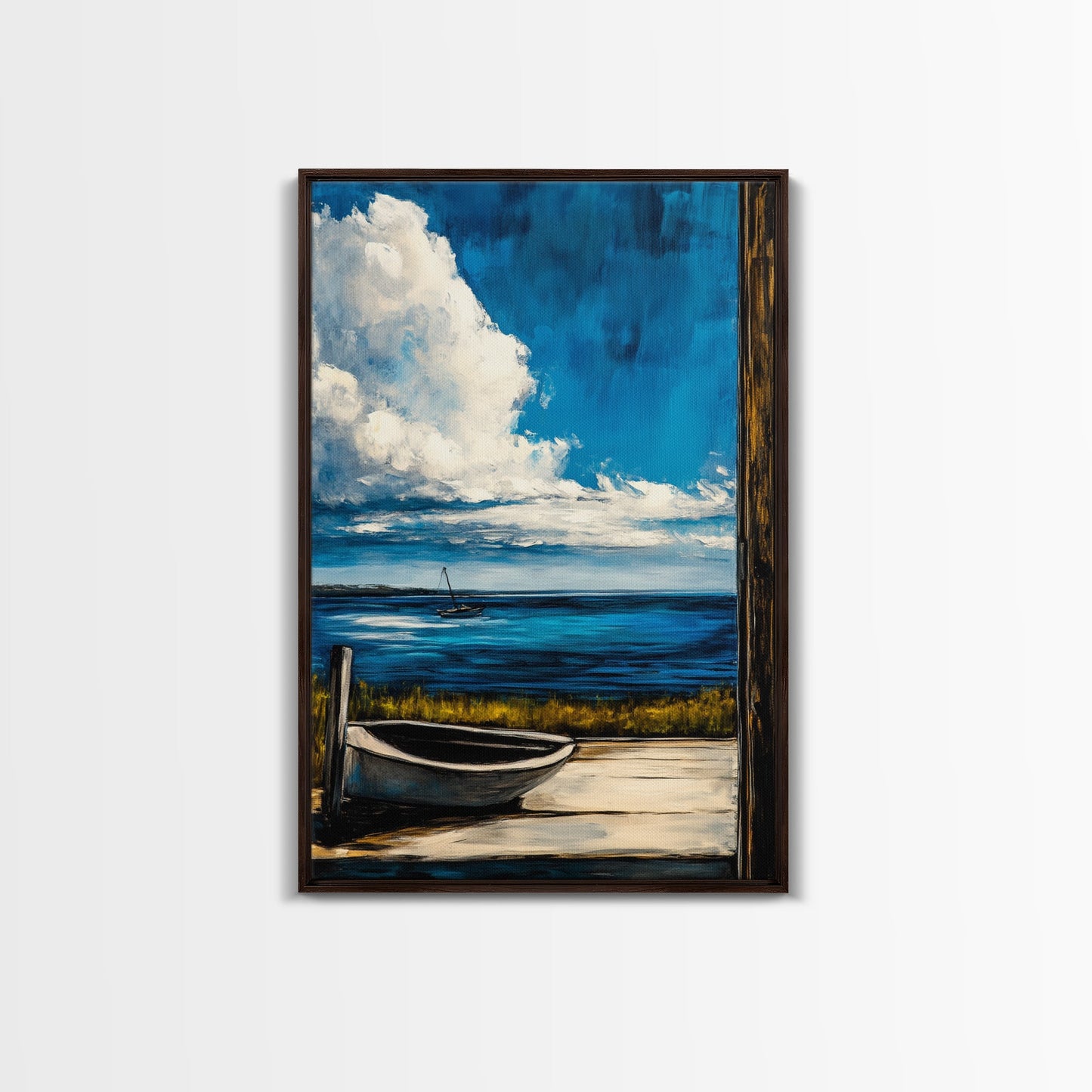 Seaside Serenity, Wooden Dock, Tranquil View, Framed Canvas Print, Ocean Wall Art, Coastal Living, Beach House Decor, Nautical Aesthetic