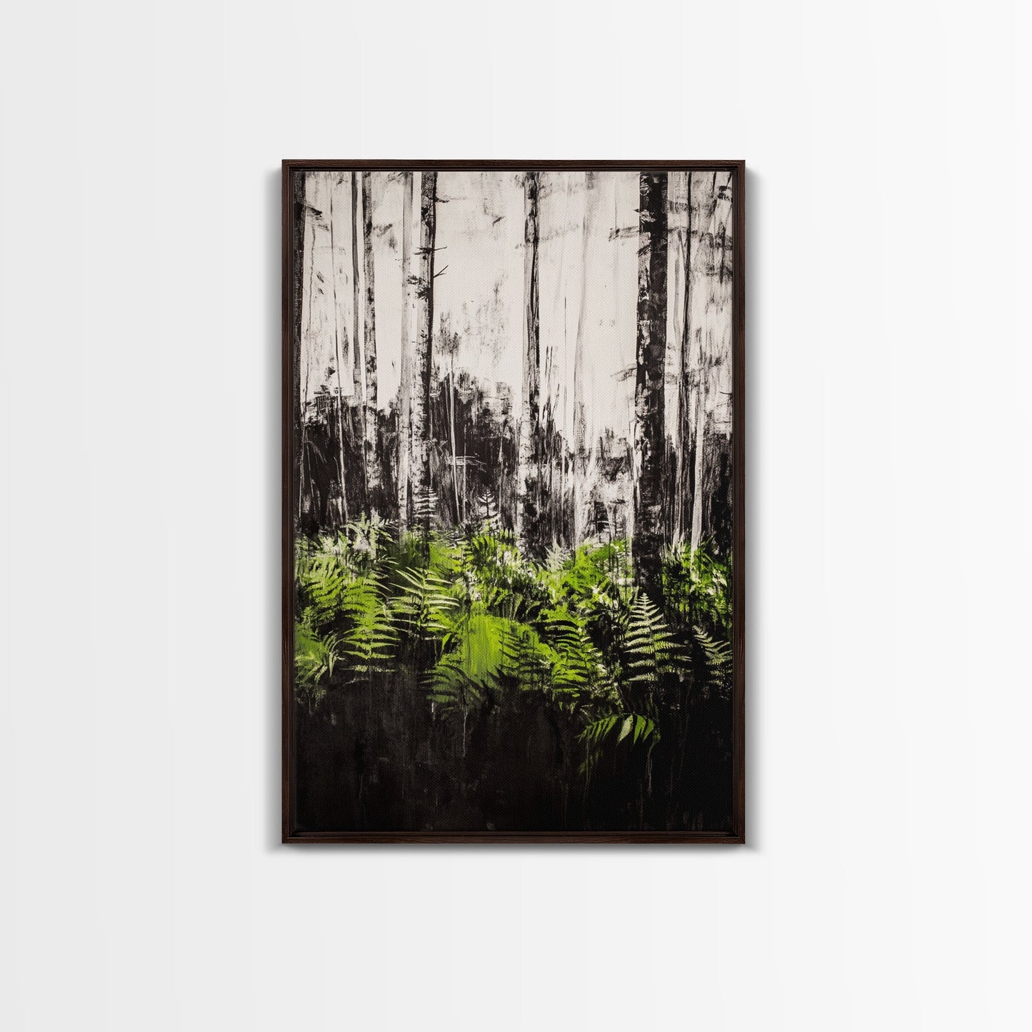 Forest Ferns, Green Botanical Art, Woodland Nature Print, Minimalist Home Decor, Black and White Wall Art, Framed Canvas Print