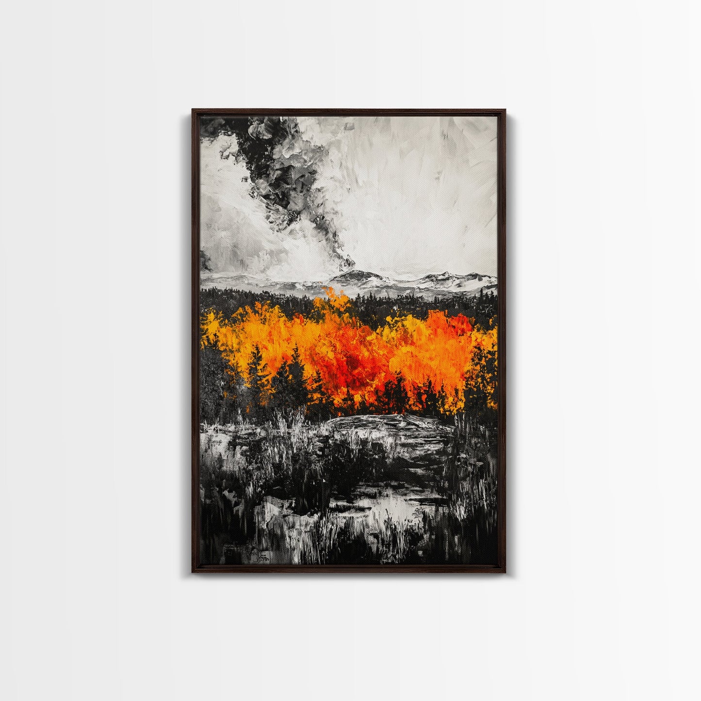 Burning Trees, Fiery Autumn Landscape, Dramatic Fall Wall Art, Modern Seasonal Home Decor, Bold Color Painting, Framed Canvas Print