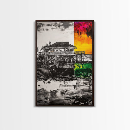 Pier House, Sunset Painting, Coastal Decor, Beach House Art, Framed Canvas Print, Living Room Wall Art, Nautical Theme, Abstract Home Decor