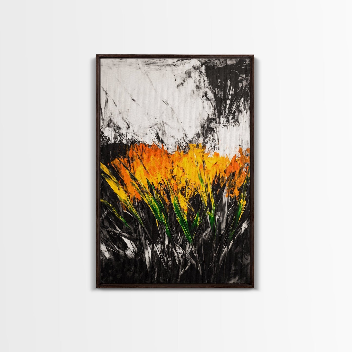 Fiery Wildflowers, Black White Abstract, Nature Art, Floral Painting, Contemporary Living Room Decor, Statement Piece, Canvas Print