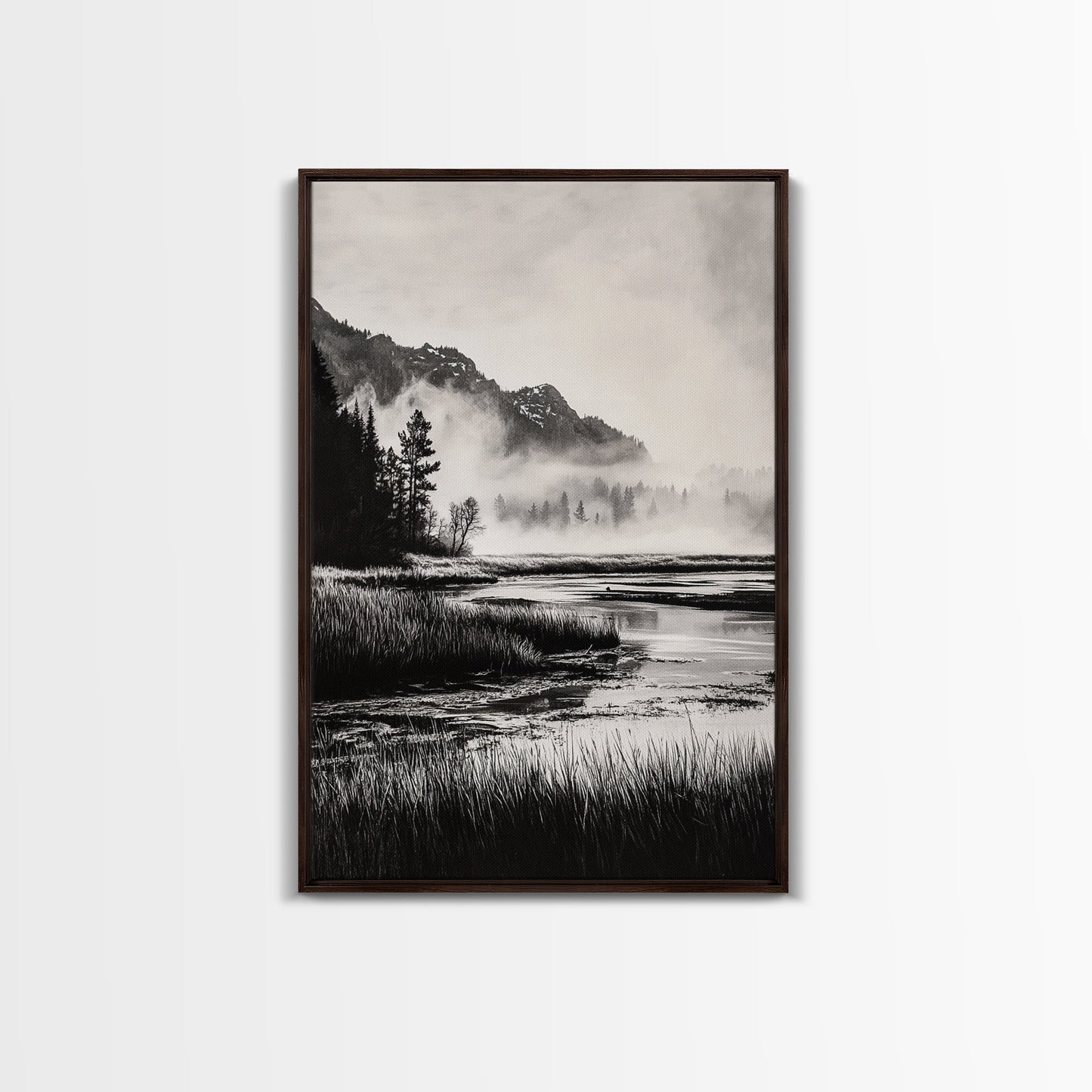 Foggy Forest, Monochrome Wall Art, Nature Landscape, Tranquil Painting, Living Room Decor, Rustic Style, Framed Canvas Print
