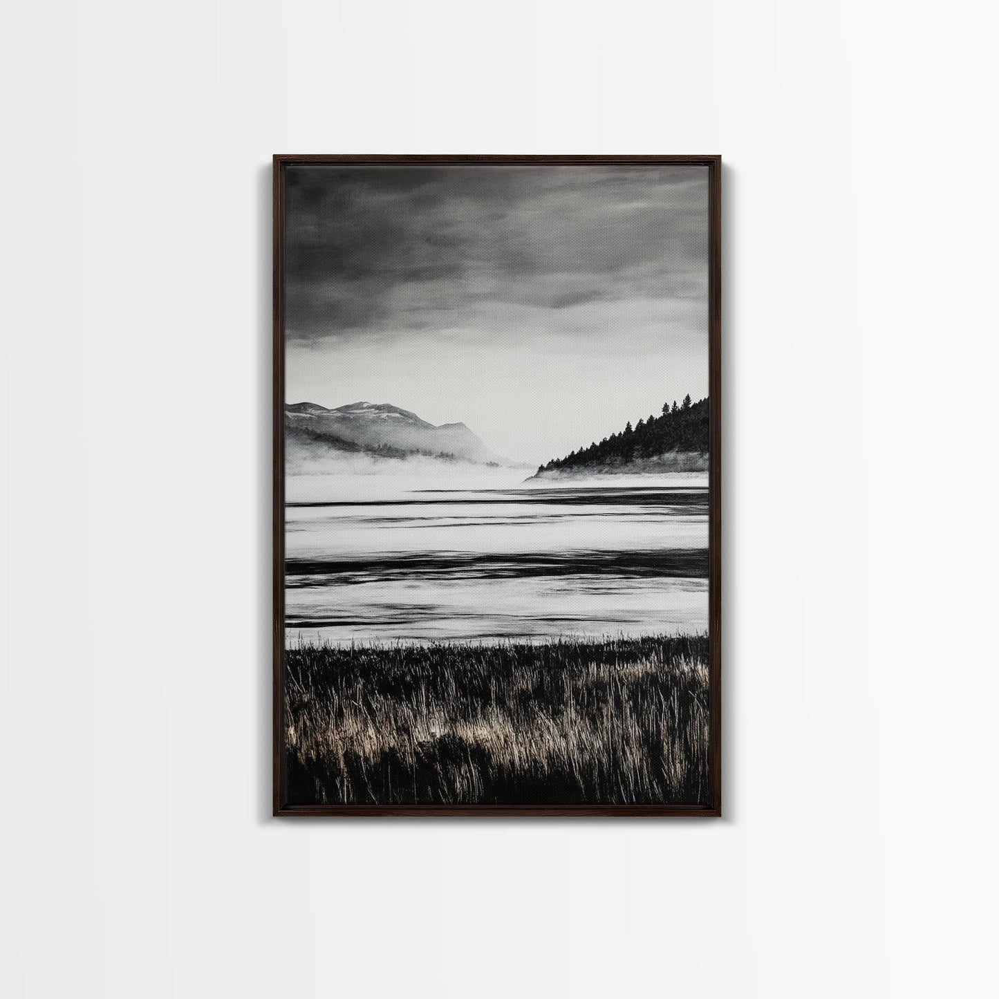 Serene Lake, Black and White Artwork, Misty Mountains, Nature Decor, Minimalist Landscape, Home Office Art, Canvas Print